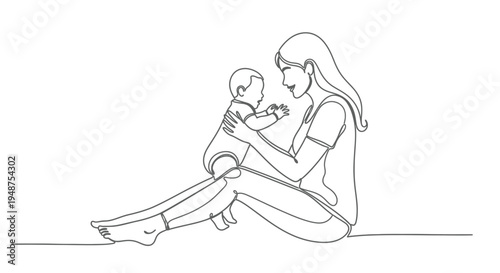 Continuous line drawing of mother sitting and holding baby
