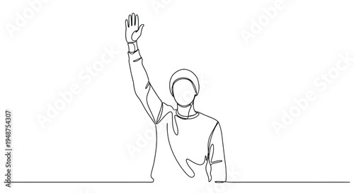 Continuous line drawing of a person raising their hand