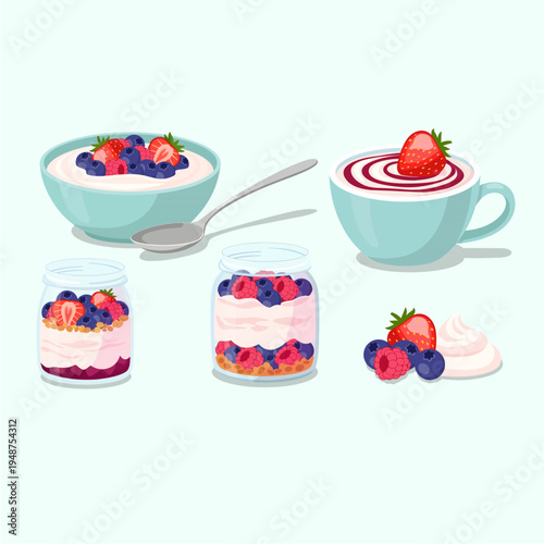 Set of Healthy Berry Yogurt and Smoothie Bowls with Fresh Strawberries and Blueberries