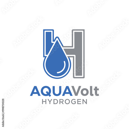Stylized letter H with water drop icon logo for clean fuel and hydrogen power AQUAVolt Hydrogen