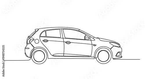 Continuous line drawing of a hatchback car, side view
