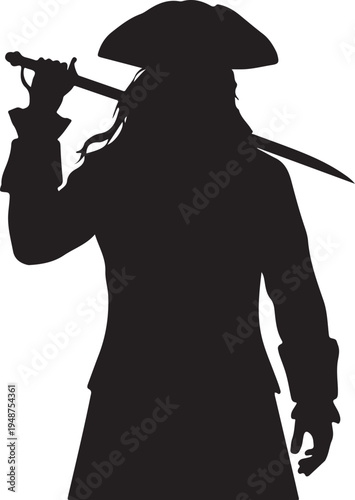 Pirate Captain Silhouette Holding a Sword Isolated on White Background