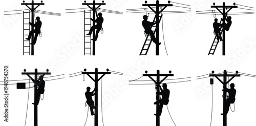 Electric lineman workers repairing power lines on utility poles, electrical maintenance and transmission service silhouette vector set