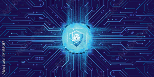 Cyber Security Shield with Lock Icon on Futuristic Blue Digital Circuit Board Background Banner for Data Protection, Encryption and Network Privacy