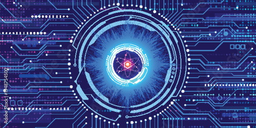 Quantum Technology AI Eye with Glowing Atom Core on Futuristic Blue Digital Circuit Board Background Banner Illustration of Data Science