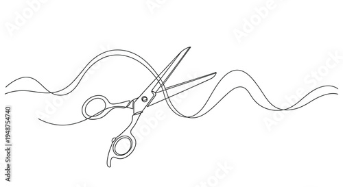 Scissors cutting a wavy line, minimalist concept
