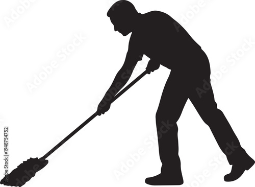Silhouette of a Man Mopping the Floor Isolated on White Background (2)