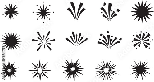 Collection of black explosion burst graphic design elements icons