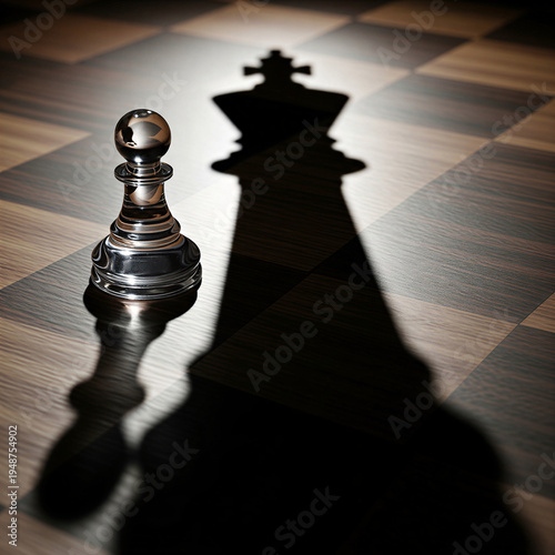 Glass pawn casting long shadow of a king on chessboard