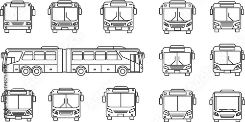 City bus outline icon set, public transport bus front view, articulated bus line illustration, urban transportation vector collection