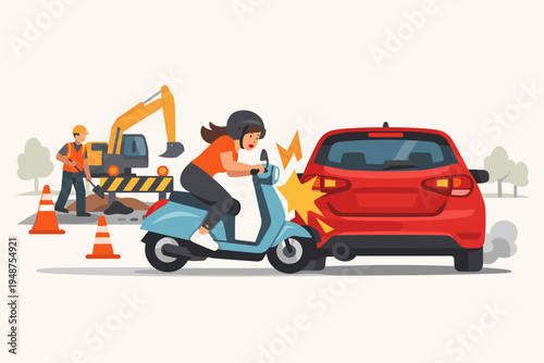 Vector Illustration of a Woman Riding a Scooter Crashing into a Red Car Rear End Because of Sudden Braking at a Road Repair Zone with Construction Worker, Excavator, and Traffic Cones.