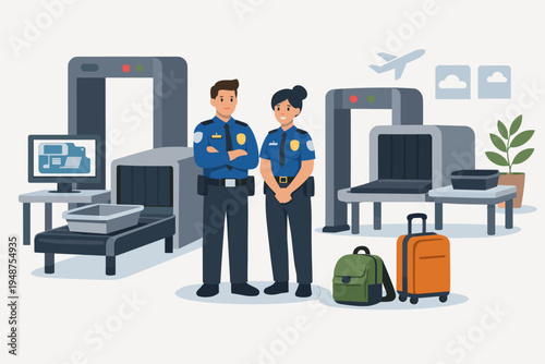 Professional airport security officers standing at a checkpoint with metal detectors and X-ray baggage scanners. Flat vector illustration of safety personnel, luggage, and screening equipment.