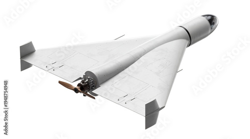 Foto Advanced white delta-wing kamikaze drone, a modern loitering munition for defense and surveillance