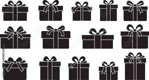 Black gift boxes with ribbons and bows illustration set