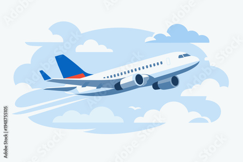 Flat Vector Illustration of a Passenger Plane Flying Through a Cloudy Blue Sky, Commercial Aircraft Taking Off for a Journey, Aviation and Travel Concept for Web Design and Marketing Materials