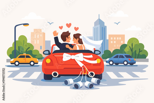 Newly Married Couple Driving a Red Convertible Car on City Streets with Cans Trailing Behind, Flat Vector Illustration of Bride and Groom Celebrating Wedding Day in Urban Landscape Background