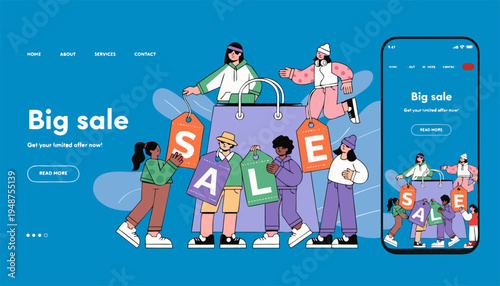 Flat Vector Illustration of People with Giant Shopping Bag and Sale Tags for Online Retail Marketing Banner.eps