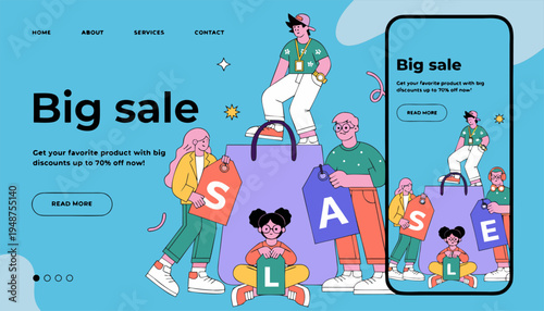 Mobile App and Website Landing Page Design Template Featuring Cartoon Characters Celebrating Big Sale Event.eps
