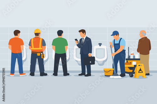 Men from various professions using a public restroom with urinals. Features a construction worker, businessman with a phone, janitor cleaning the floor, and an elderly man. Flat vector style.