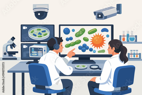 Scientists in a laboratory monitoring bacterial growth and viral samples on digital screens with CCTV surveillance cameras, microscope, and scientific equipment flat vector illustration.