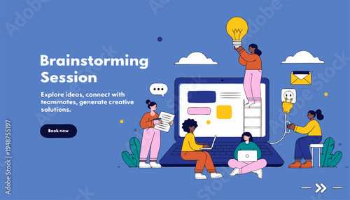 Brainstorming Session Flat Vector Illustration with Team Characters and Creative Ideas.eps