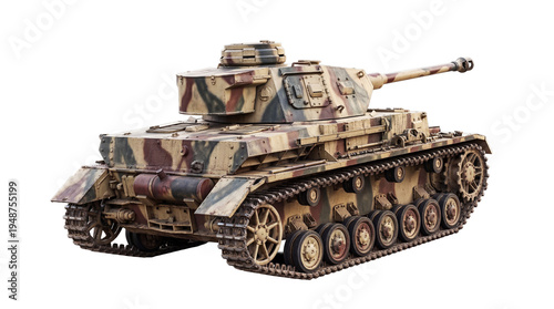 Photos World War II German Panzer IV tank 3D render, detailed desert camouflage, isolated on a transparent background