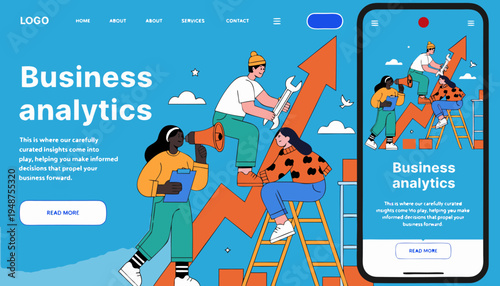 Business Analytics Landing Page Template with Flat Vector Characters and Financial Growth Chart.eps