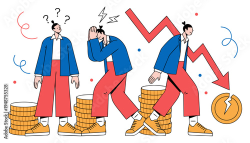 Business Crisis and Financial Loss Concept with Character Dealing with Market Crash and Falling Arrow.eps