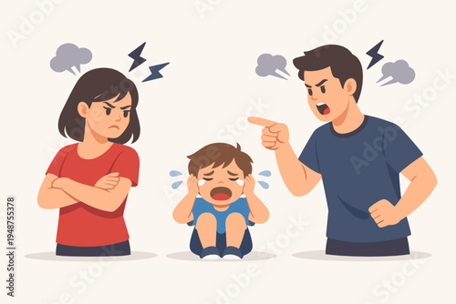 Angry Parents Arguing and Shouting at Each Other While Their Young Child Sits in the Middle Crying and Covering His Ears, Flat Vector Illustration of Family Conflict and Domestic Problems