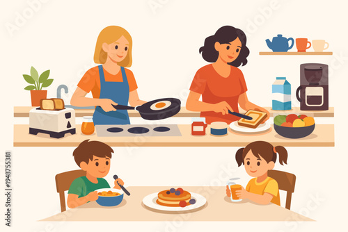 Happy Family Morning Routine with Two Women Preparing Healthy Breakfast for Kids in a Modern Kitchen; Flat Vector Illustration of Mothers Cooking Eggs and Toast for Children Eating at the Table
