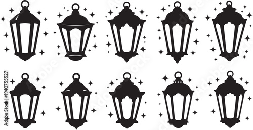 Black lanterns and stars on white background illustration set