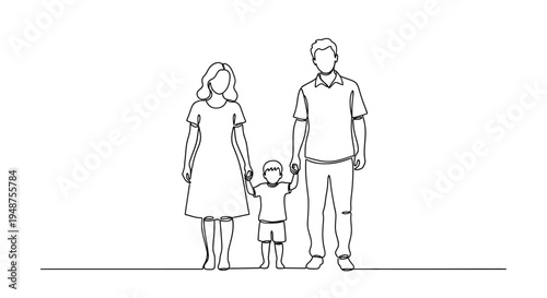Happy family, parents holding child's hands, single line art