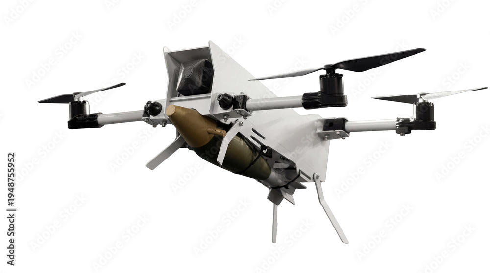 Obraz premium Advanced military quadcopter drone carrying an explosive munition, a precise weapon for modern warfare operations.