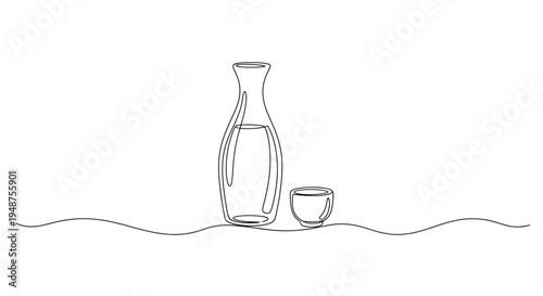 Sake bottle and cup, traditional Japanese drink, single line art