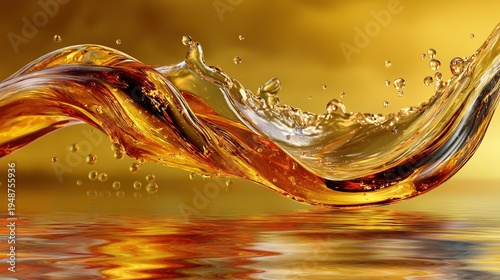 Dynamic splash of golden liquid over reflective water surface. Amber fluid wave with droplets on yellow background. Abstract motion and energy concept