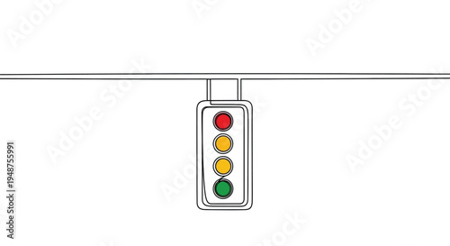 Hanging traffic signal with red, yellow, green lights, single line