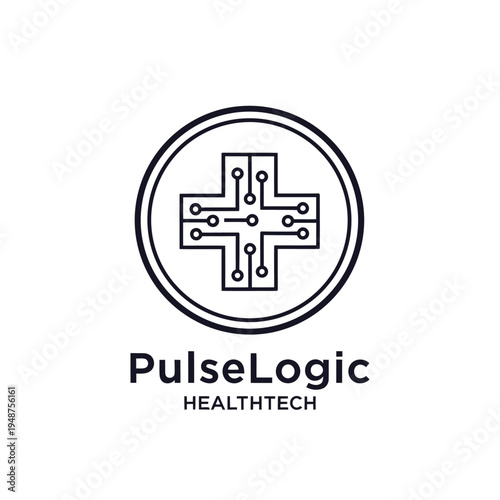 Circuit board medical cross icon for digital healthcare technology logo PulseLogic HealthTech