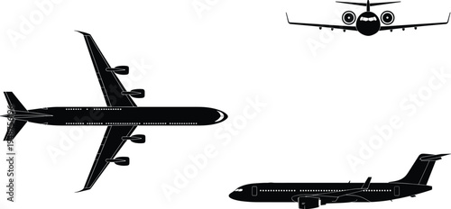 Passenger airplane vector illustration set, commercial jet aircraft top front side views, aviation transport design collection