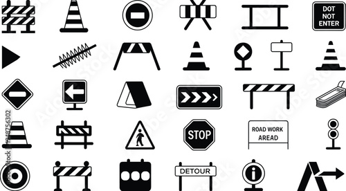 Road construction signs vector icon set, traffic warning symbols collection, highway safety barricade and detour signage illustration