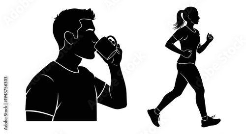 A man drinking water and a woman jogging for fitness and hydration Vector, illustration