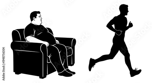 Contrast between sedentary lifestyle and active physical exercise depicted in black and white Vector, illustration
