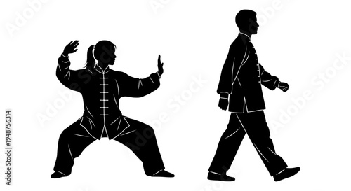 Two martial artists demonstrating different stances and techniques in traditional martial arts attire. Vector, illustration