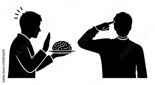 A man politely declining a slice of cake while another looks concerned. Vector, illustration