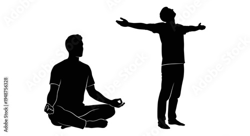 Contrast between meditative and expansive yoga poses in silhouette form. Vector, illustration