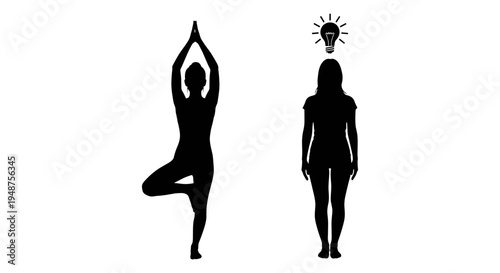 Contrast between yoga pose and traditional standing posture with a lightbulb idea icon. Vector, illustration