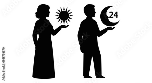Symbolic representation of day and night cycle with human figures and celestial icons Vector, illustration