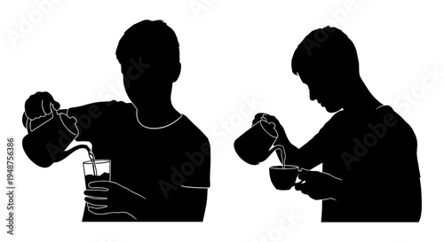 Two individuals practicing boxing stances with gloves on in a mirror image. Vector, illustration