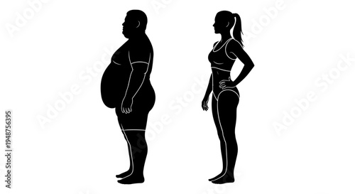 Silhouette comparison between an obese individual and a person of average weight standing side by side Vector, illustration