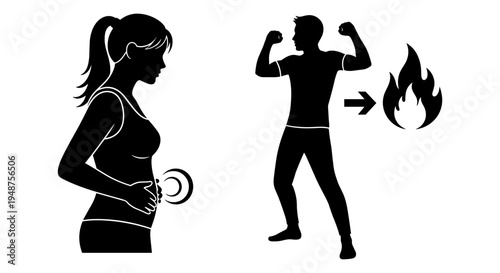 Gender differences in body fat distribution and muscle strength representation Vector, illustration