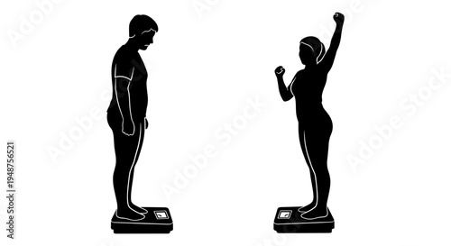 Comparison of body posture and balance between two individuals standing on scales. Vector, illustration